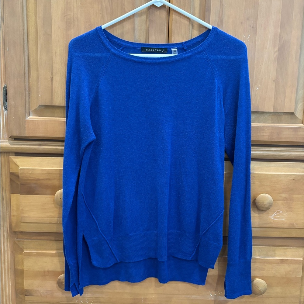 Black Tape Crew Neck Lightweight Sweater. Drop Shoulder, High-Low Hemline.